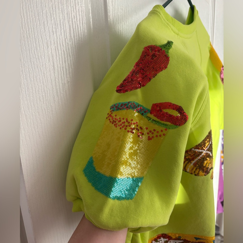 QUEEN OF SPARKLES Neon Lime Sequin Mexican Food Sweatshirt Top - Picture 4 of 5